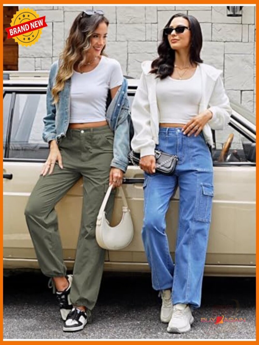 Wide Leg Baggy Cargo Jeans High Waisted Stretch Drawstring Ankle Cuff 6 Pockets - Picture 3 of 7